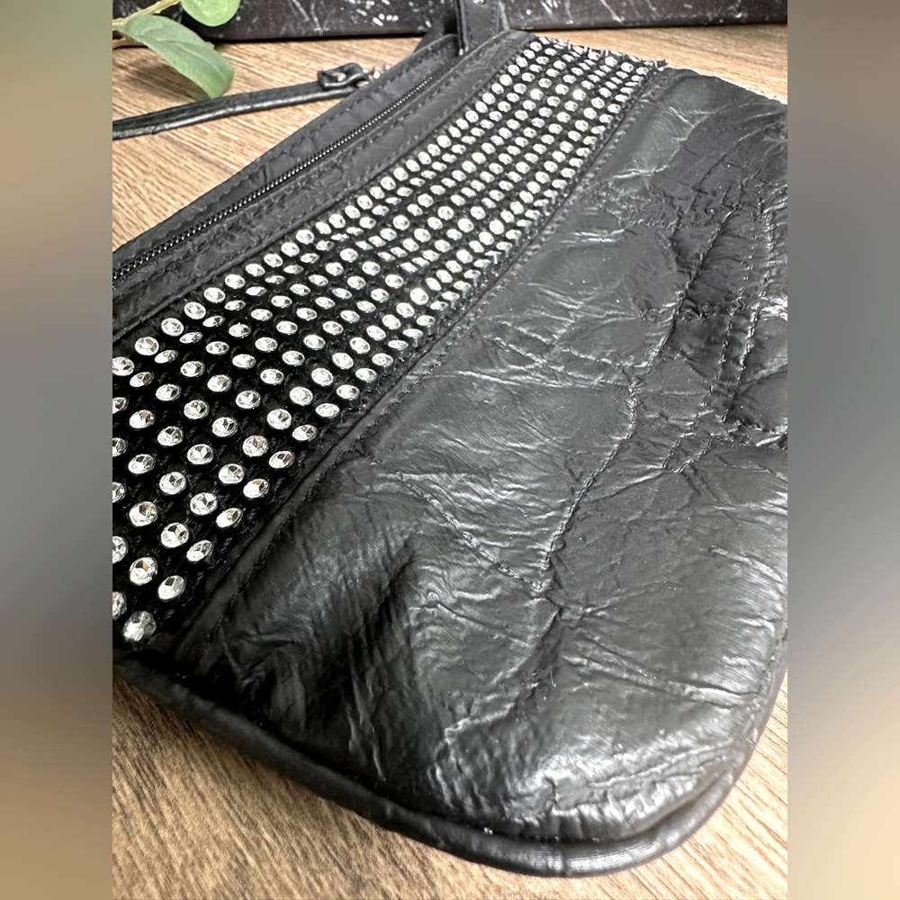Black Leather Rhinestone Embellished Wristlet Clutch - Formal Clutch - Picture 6 of 6